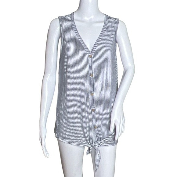 Rachel Zoe Shirt Womens Large Blue White Stripe Button Down‎ Tie Front Linen Top - Picture 1 of 6